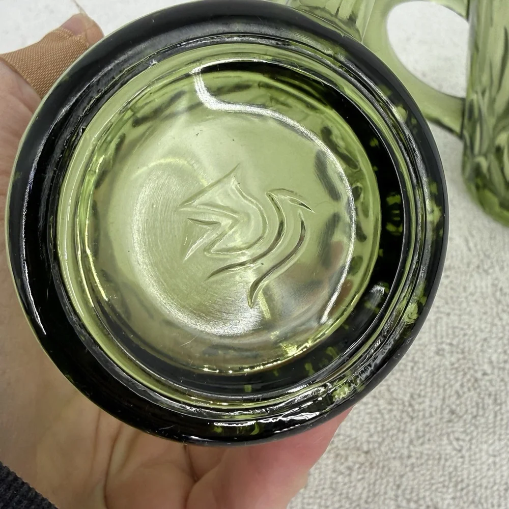 Vtg MCM Green Glass Tumbler With Handle Anchor Hocking Diamond Facet 5.5